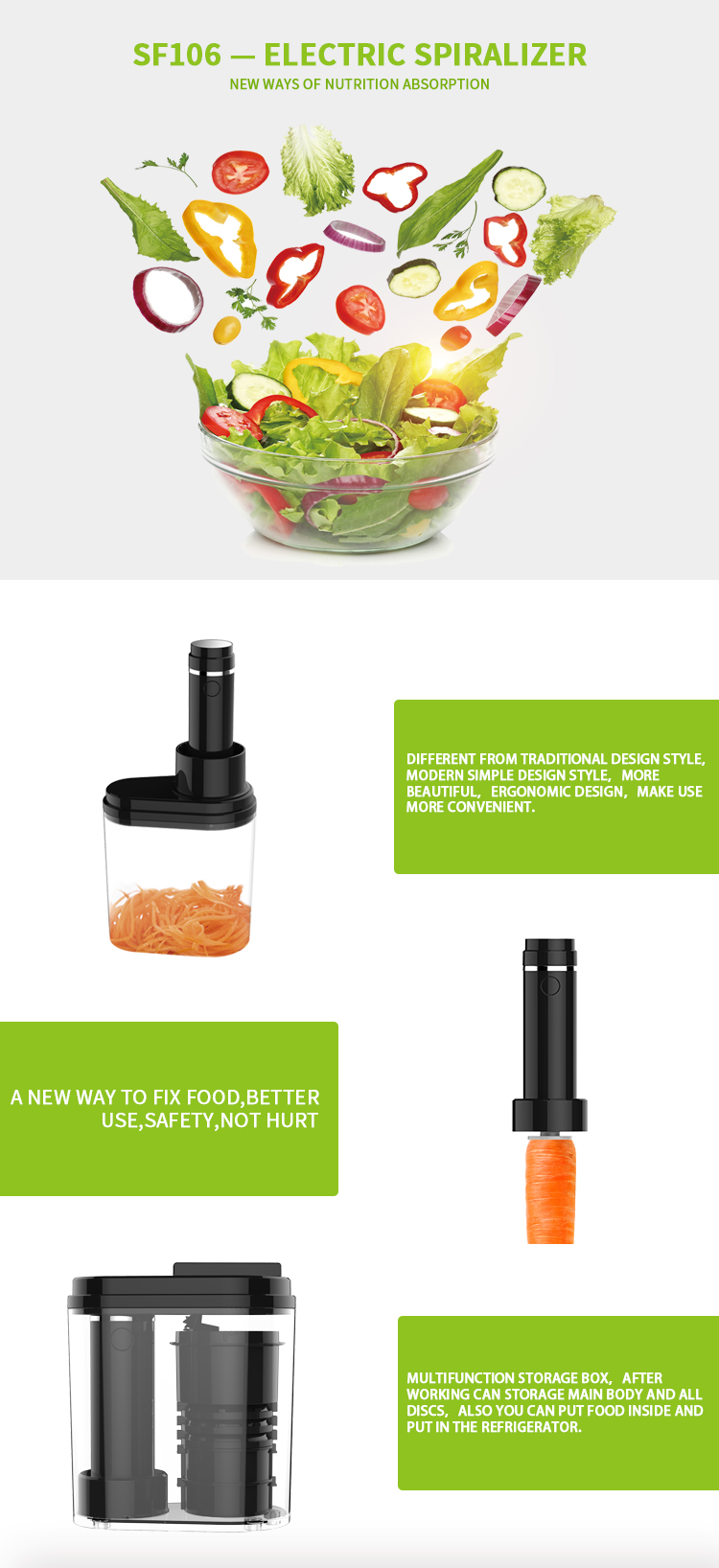 Health Spiralizer DC100W Multifunction Salad maker 5 in 1 Tri-Blade Plastic Vegetable Slicer Veggie Cutter Spiralizer